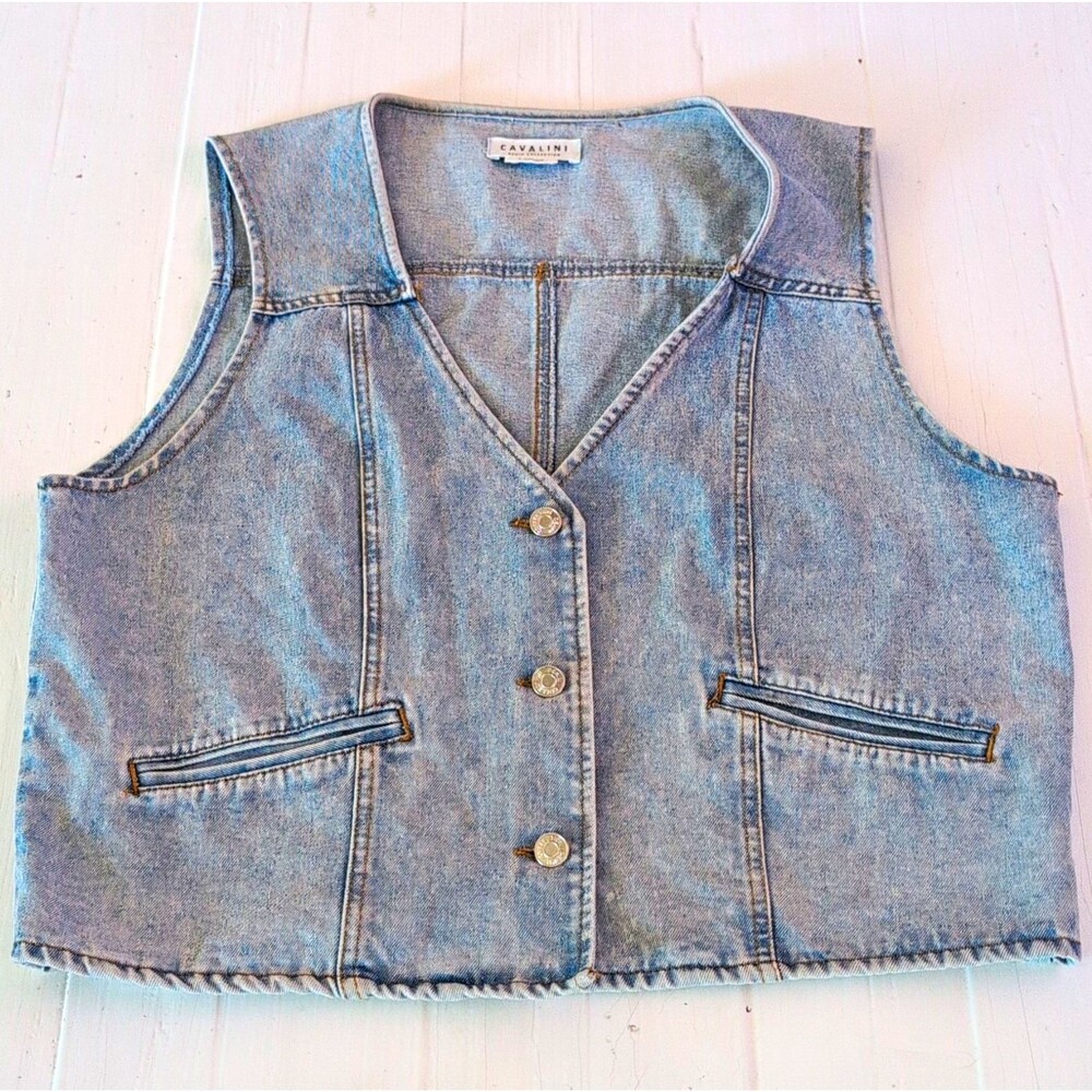 Vintage 90s Cavalini Light Wash Denim Vest Women's Large Boho Y2K